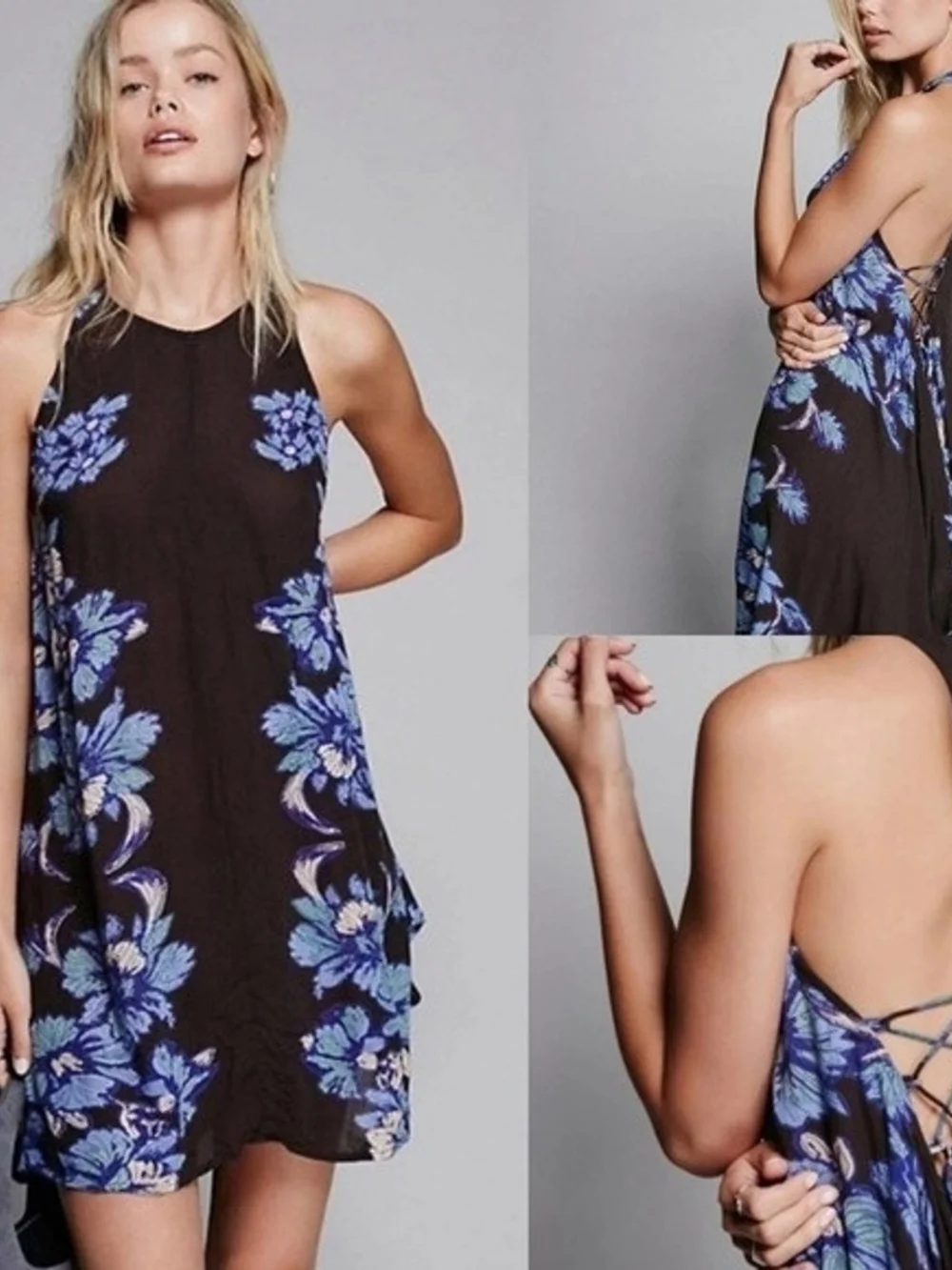 Free People Floral Lace-Up Back Mini Slip Dress Beach Cover Up